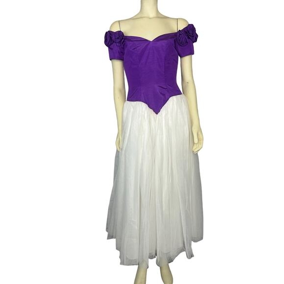 Vintage 80's Prom off the shoulder dress in purple with white tulle size 6 - Picture 1 of 13